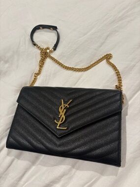 Saint Laurent Black Quilted Envelope Crossbody WOC with Gold YSL Chain